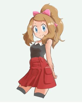 1girl absurdres arms_behind_back bare_shoulders black_shirt black_thighhighs blue_eyes blush bow breasts brown_hair closed_mouth collared_shirt cowboy_shot cropped_legs female_focus grey_background hair_bow happy high-waist_skirt high_ponytail highres holding_own_arm julian0223 light_blush long_hair looking_at_viewer miniskirt nintendo pink_bow pleated_skirt pokemon pokemon_xy ponytail red_skirt serena_(pokemon) shirt shirt_tucked_in sidelocks simple_background skirt sleeveless sleeveless_shirt small_breasts smile solo split_mouth standing thighhighs zettai_ryouiki