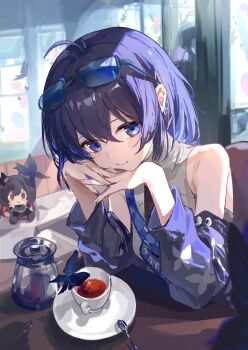 Rule 34 | 1girl, ahoge, blue eyes, blue hair, blue jacket, character doll, cup, doll, eyewear on head, grey shirt, highres, honkai (series), honkai impact 3rd, indoors, jacket, looking at viewer, restaurant, seele (alter ego), seele vollerei, shirt, short hair, sitting, solo, sunglasses, szi f, teacup, turtleneck, turtleneck shirt