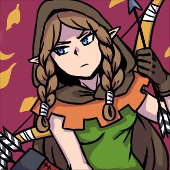 1girl akairiot arrow_(projectile) blue_eyes bow_(weapon) braid brown_hair cosplay dragon&#039;s_crown elf_(dragon&#039;s_crown) elf_(dragon&#039;s_crown)_(cosplay) female_focus hood leaf lowres nintendo pointy_ears princess_zelda sidelocks solo super_smash_bros. the_legend_of_zelda the_legend_of_zelda:_twilight_princess weapon