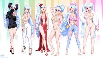 1girl artist_name bandaid bandaid_on_pussy bandaids_on_nipples bikini black_mask blue_hair blue_pants blush bodystocking breasts cellphone cherry_earrings cherry_print cleavage dated denim dress drill_hair earrings embarrassed fellatrix fishnet_bodystocking fishnets food-themed_earrings food_print food_themed_earrings fruit_print green_slingshot_swimsuit high_heels highres holding holding_phone hoop_earrings jeans jewelry long_hair looking_at_another looking_at_viewer mask medium_breasts midriff mouth_mask multiple_views nail_art navel no_bra no_panties original pants pasties phone plunging_neckline ponytail print_shirt pubic_stubble red_dress red_eyes revealing_clothes selfie shirt shoes side_slit sleeveless sleeveless_dress slingshot_swimsuit smartphone smug stiletto_heels swimsuit torn_clothes torn_pants twin_drills twintails v valentina_(fellatrix) very_long_hair watermark web_address white_pants white_shoes