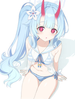 1girl :o aqua_hair aqua_halo arm_support armpit_crease bikini blue_archive blue_bikini blunt_bangs blush breasts center-flap_bangs chise_(blue_archive) chise_(swimsuit)_(blue_archive) commentary_request cowboy_shot flower hair_flower hair_ornament halo highres horns korean_commentary long_hair looking_at_viewer medium_breasts moyashi_dorobou navel official_alternate_costume official_alternate_hairstyle oni parted_lips red_eyes red_horns ribbon sailor_bikini sailor_collar see-through_clothes shadow side-tie_bikini_bottom side_ponytail sidelocks simple_background sitting skin-covered_horns solo striped_bikini striped_clothes swimsuit white_background white_flower white_ribbon white_sailor_collar wrist_ribbon