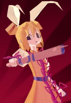 1girl 3d blender_(medium) bow brown_eyes commentary_request cowboy_shot double_bun dress empty_eyes expressionless guuchama hair_bow hair_bun hair_intakes highres holding joutouguu_mayumi looking_at_viewer open_mouth puffy_short_sleeves puffy_sleeves red_background shirt short_hair short_sleeves solo touhou white_bow white_shirt yellow_dress