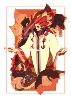 1boy absurdres alder_(pokemon) bead_necklace beads beard_stubble border bouffalant cccacademia character_name closed_mouth commentary_request facial_hair gen_4_pokemon gen_5_pokemon gen_7_pokemon highres hippowdon jewelry krookodile long_hair looking_down male_focus mudsdale necklace nintendo orange_background pokemon pokemon_(creature) pokemon_bw poncho popped_collar red_hair rhyperior shirt signature stubble volcarona white_border yellow_poncho