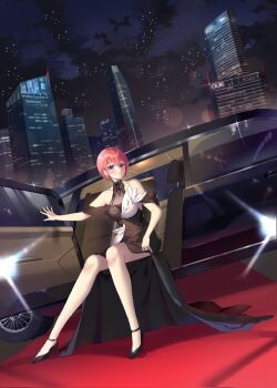 1girl aile_(crossroads) bare_shoulders black_dress black_shoes blush breasts building car closed_mouth cloud commentary_request dress go-toubun_no_hanayome hair_between_eyes high_heels highres limousine looking_at_viewer medium_breasts motor_vehicle nakano_ichika night official_art outdoors pink_hair purple_eyes riichi_city see-through_cleavage see-through_clothes shoes short_hair sitting sky skyscraper smile solo