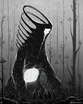 2021 5others alien artist_name commentary dated divine_entity english_commentary greyscale highres horns instagram_logo instagram_username jr_(jarsarts) kneeling looking_down looking_up monochrome multiple_others staring static teletubbies television watching watching_television