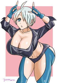 1girl angel_(kof) ass blue_eyes breasts curvy gloves gunsouarts huge_breasts jacket large_breasts leather pale_skin short_hair the_king_of_fighters thick_thighs thighs white_hair wide_hips
