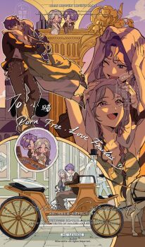 1girl absurdres chibi flat_color highres hug kiss long_hair long_sleeves necktie one_eye_closed open_mouth purple_hair shirt short_hair white_shirt xiabai