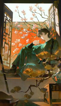 1boy architecture black_hair branch chinese_clothes east_asian_architecture flower full_body hair_between_eyes hand_up highres indoors knee_up lattice long_sleeves looking_to_the_side male_focus original red_eyes sitting solo vase window xiaojiaju