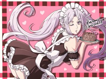 Rule 34 | 1girl, apron, baron (varon666), dress, fuuto tantei, kamen rider, kamen rider w, long hair, maid apron, maid headdress, one eye closed, purple eyes, purple hair, solo, tokime (fuuto tantei), twintails