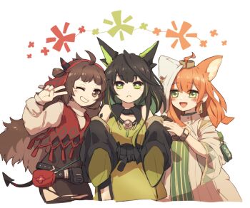 Rule 34 | 3girls, ahoge, animal ear hood, animal ears, arknights, black coat, black hair, brown hair, cat ears, cat girl, coat, collared dress, dress, ears under headwear, fake animal ears, green dress, green eyes, hood, hooded dress, horns, lari lab, looking at viewer, medium hair, mini tiara, mon3tr (arknights), multicolored hair, multiple girls, one eye closed, orange hair, paprika (arknights), papyrus (arknights), shirt, sleeves past fingers, sleeves past wrists, smile, streaked hair, tiara, v, white background, white dress, white shirt
