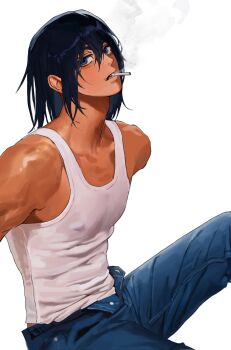 1boy adam's_apple black_hair blue_eyes chainsaw_man cigarette covered_erect_nipples denell denim hair_down hayakawa_aki highres jeans male_focus mouth_hold open_fly pants simple_background sitting smoke solo tank_top white_background white_tank_top