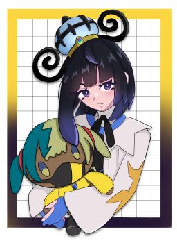 1girl black_dress black_hair blue_gloves bob_cut canari_plush_(pokemon) character_doll closed_mouth coat doll dress eyelashes gloves gradient_hair grid_background gwynn_(pokemon) hat highres holding holding_doll looking_at_viewer mega_stone multicolored_hair nintendo open_clothes open_coat partially_fingerless_gloves pokemon pokemon_legends:_z-a purple_eyes purple_hair short_hair solo tadanogi_(jknd7782) upper_body white_coat