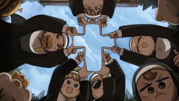 Rule 34 | 6+girls, :d, baby animal, bird, blue eyes, brown eyes, brown hair, burger, chicken, closed eyes, clumsy nun (diva), commentary, diva (hyxpk), duck, duckling, english commentary, food, freckles, froggy nun (diva), from below, glasses, glasses nun (diva), grey hair, hedgehog, highres, hungry nun (diva), little nuns (diva), mouth hold, multiple girls, nun, open mouth, round eyewear, sheep nun (diva), sky, smile, spicy nun (diva), sunglasses, tongue, tongue out, traditional nun, tree