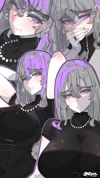 1girl absurdres arms_behind_head artist_name black_dress breasts closed_mouth commentary covering_own_mouth double-parted_bangs dress earrings english_commentary grey_hair hair_between_eyes hand_over_own_mouth highres huge_breasts jewelry jrpencil long_hair looking_at_viewer multicolored_hair multiple_views necklace original pearl_necklace purple_eyes purple_hair raised_inner_eyebrows ring short_sleeves straight_hair turtleneck turtleneck_dress two-tone_hair