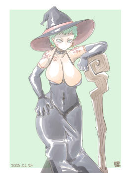 1girl areola_slip black_dress black_gloves black_hat breasts cleavage closed_mouth commentary_request dated dress earrings elbow_gloves eye_tattoo feet_out_of_frame gloves green_background green_eyes green_hair hat highres hoop_earrings itini-sanshi jewelry large_breasts looking_at_viewer original short_bangs short_hair shoulder_tattoo sleeveless sleeveless_dress solo staff tattoo two-tone_background white_background witch witch_hat