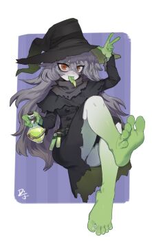 1girl bare_legs barefoot black_dress black_hat black_panties colored_skin colored_tongue commentary commission difman dress english_commentary feet foreshortening full_body gradient_skin green_tongue grey_hair hair_between_eyes hat highres holding long_hair long_tongue looking_at_viewer multicolored_skin orange_eyes original panties potion purple_background remy_(seihai) saliva soles solo spread_toes striped_background toes tongue tongue_out torn_clothes torn_dress two-tone_skin underwear vertical_stripes very_long_hair vial witch_hat