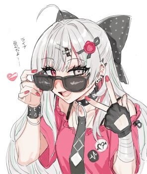 Rule 34 | 1girl, :d, adjusting eyewear, ahoge, bandaged wrist, bandages, black bow, black necktie, bow, bracelet, choker, ear piercing, fingerless gloves, gloves, grey eyes, grey hair, hair bow, hair ornament, hairclip, heterochromia, ishigami nozomi, ishigami nozomi (1st costume), jewelry, long hair, looking at viewer, multicolored hair, necktie, nijisanji, off-shoulder shirt, off shoulder, open mouth, piercing, pink hair, polka dot, polka dot bow, red nails, red shirt, shirt, single glove, smile, solo, spiked choker, spiked ear piercing, spikes, streaked hair, studded bracelet, suisogenshi, sunglasses, teeth, upper body, upper teeth only, virtual youtuber, w, wax seal hair ornament, white background