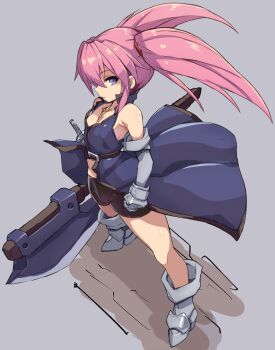 armor axe bare_shoulders belt bike_shorts blue_eyes blue_jacket boots breasts brown_belt cleavage coat collar commentary_request elbow_gloves from_above gloves grey_background grey_boots grey_gloves hair_between_eyes hilt holding holding_axe holding_weapon jacket jewelry karukan_(monjya) looking_at_viewer necklace pink_hair presea_combatir sidelocks simple_background sleeveless sleeveless_coat small_breasts sword tales_of_(series) tales_of_symphonia thick_thighs thighs twintails warrior weapon
