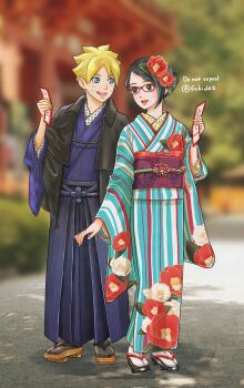 1boy 1girl alternate_hairstyle black_eyes black_hair black_hakama black_socks blonde_hair blue_eyes blurry blurry_background boruto:_naruto_next_generations commentary_request flower geta glasses hair_flower hair_ornament hakama highres holding japanese_clothes kimono matsu_(fu6ide2) naruto_(series) omikuji open_mouth red-framed_eyewear shrine socks striped_clothes striped_kimono uchiha_sarada uzumaki_boruto vertical-striped_clothes vertical-striped_kimono white_socks wide_sleeves