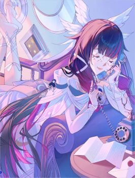 Rule 34 | 1girl, absurdres, antique phone, asagihisui, bare shoulders, barefoot, black hair, bow, cable around finger, calling, closed eyes, columbina (genshin impact), commentary, couch, crescent, dress, eye mask, genshin impact, hair ornament, hand on headset, head wings, highres, legs up, letter, long hair, lying, mask, multicolored hair, multiple wings, on couch, on stomach, phone, picture frame, purple hair, purple streaks, ribbon, rotary phone, see-through clothes, see-through mask, smile, solo, streaked hair, table, two-tone hair, untranslatable commentary, very long hair, white dress, white mask, white wings, wing hair ornament, wings, wrist bow, x-shaped eyewear