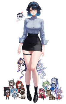 6+girls absurdres airi_kanna akane_lize aokumo_rin arahashi_tabi arm_at_side asymmetrical_bangs ayatsuno_yuni black_hair black_hairband black_ribbon black_shoes black_socks bob_cut breasts brown_cat cat closed_mouth colored_inner_hair colorpoint_(pattern) commentary_request eruthu everyone full_body gangzi_(vtuber) grey_shirt hair_ribbon hairband hanako_nana highres korean_commentary large_breasts long_sleeves looking_at_viewer miniskirt multicolored_hair multiple_girls neneko_mashiro pencil_skirt ribbon shirayuki_hina shirt shirt_tucked_in shoes short_hair siamese_cat simple_background skirt sleeve_cuffs socks standing stellive tenko_shibuki thigh_strap virtual_youtuber white_background yellow_eyes yuzuha_riko