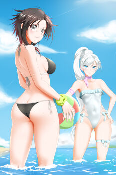 2girls absurdres arm_strap ass back ball bare_shoulders beachball bikini black_bikini black_hair blue_eyes blue_sky breasts butt_crack closed_mouth cloud collarbone covered_navel day from_behind gluteal_fold grey_eyes halterneck hands_on_own_hips highres holding holding_ball kimmy77 long_hair looking_at_viewer looking_back medium_breasts multicolored_hair multiple_girls one-piece_swimsuit outdoors red_hair ruby_rose rwby scar scar_across_eye scar_on_face short_hair side-tie_bikini_bottom sky small_breasts smile strap_gap swimsuit thigh_strap thighs two-tone_hair very_long_hair wading water weiss_schnee wet white_hair white_one-piece_swimsuit