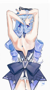 1girl absurdres arms_up back_bow bare_arms bare_back black_bow blue_bow blue_hair bow chinese_commentary commentary cowboy_shot dated drill_hair from_behind grey_background hair_bow hair_over_shoulder halterneck heart heart_o-ring highres long_hair median_furrow o-ring official_alternate_costume one-piece_swimsuit shoulder_blades signature simple_background solo swimsuit thigh_gap twin_drills very_long_hair vivian_banshee vivian_banshee_(iris_of_the_shore) yisjhui zenless_zone_zero