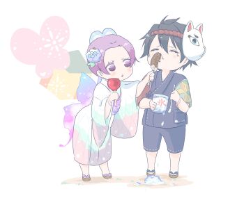 1boy 1girl aged_down asymmetrical_clothes black_hair blue_shorts bracelet butterfly_hair_ornament butterfly_wings candy_apple chibi child chocolate-covered_food chocolate_banana dropping fake_wings flower food food_on_face fox_mask full_body hair_between_eyes hair_flower hair_ornament highres holding holding_candy_apple holding_food holding_spoon insect_wings japanese_clothes jewelry kimetsu_no_yaiba kimono kochou_shinobu leaning_forward long_sleeves mask mask_on_head outstretched_arm parted_bangs patchwork_clothes poking_nose purple_eyes purple_hair sachinyopo sandals shaved_ice short_sleeves shorts spoon standing stitches tearing_up tomioka_giyuu updo white_background white_kimono wide_sleeves wings zouri