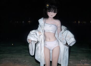 Rule 34 | 1girl, absurdres, bare shoulders, black background, black eyes, black hair, bra, collarbone, exhibitionism, hair ornament, highres, long sleeves, looking at viewer, navel, off shoulder, one eye closed, open clothes, open mouth, original, panties, public indecency, shiratsuyu mone, short hair, smile, solo, standing, underwear, wet, white bra, white panties