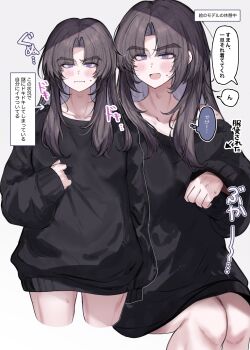 1boy absurdres arrow_(symbol) ayase_ayato_(imamiya_pinoko) black_sweater blush brown_hair closed_mouth collarbone commentary_request fang highres imamiya_pinoko long_hair long_sleeves looking_at_viewer male_focus nervous_smile nervous_sweating open_mouth original parted_bangs purple_eyes smile solo speech_bubble sweat sweatdrop sweater thick_eyebrows thought_bubble translation_request trap