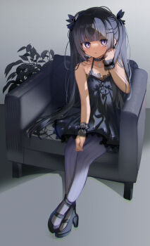 1girl :/ arm_rest bare_arms bare_shoulders black_choker black_dress black_hair black_shoes blunt_bangs bow buttons choker closed_mouth couch crossed_ankles d_omm dress flat_chest full_body grey_pantyhose hair_bow hair_ornament hairclip hand_to_head hand_up high_heels highres indoors lace lace-trimmed_dress lace_trim legs_together long_hair looking_at_viewer on_couch original pantyhose plant purple_eyes shadow shoes short_dress sitting solo striped_clothes striped_pantyhose twintails vertical-striped_clothes vertical-striped_pantyhose very_long_hair wrist_cuffs