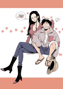 1boy 1girl ^_^ black_footwear black_hair blue_shorts blush_stickers bone boots closed_eyes crossed_legs denim eating full_body hat highres jeans long_hair monkey_d._luffy nico_robin one_piece pants sandals scar scar_on_face short_hair shorts sipsip_0505 sitting smile straw_hat twitter_username