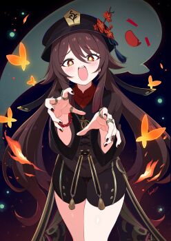 1girl bead_bracelet beads black_hat black_nails blush boo_tao_(genshin_impact) bracelet brown_hair bug butterfly chinese_clothes flower flower-shaped_pupils genshin_impact ghost hat hat_flower hat_tassel highres hu_tao_(genshin_impact) insect jewelry kamuraaa_615 long_hair long_sleeves looking_at_viewer multiple_rings open_mouth plum_blossoms porkpie_hat red_eyes ring shorts smile solo symbol-shaped_pupils tailcoat twintails