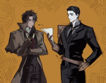 2boys ascot asymmetrical_inertia_(e.g.o) black_ascot black_eyes black_gloves black_hair black_jacket brown_coat brown_hair brown_pants chanil_(muexlku) coat commentary_request cowboy_shot crushbound_past_(e.g.o) gloves hand_up heathcliff_(project_moon) jacket korean_commentary limbus_company meursault_(project_moon) monocle multiple_boys orange_background pants project_moon purple_eyes red_ascot simple_background