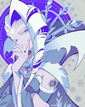 1girl artist_name asymmetrical_bangs blue_cape blue_dress border brooch cape colored_eyelashes colored_inner_hair colored_skin commentary_request cookie_run cookie_run:_kingdom dress drill_hair facial_mark forehead_mark from_side frost_queen_cookie fur-trimmed_cape fur_trim grey_border grey_skin hand_on_own_arm hand_on_own_chin hand_up highres humanization illustluce jewelry korean_commentary light_smile long_hair long_sleeves looking_at_viewer multicolored_hair nail_polish off-shoulder_dress off_shoulder outside_border parted_lips purple_background purple_eyes purple_hair purple_nails round_border shoulder_tattoo simple_background snowflakes solo sparkle tattoo thick_eyebrows two-tone_hair upper_body white_eyelashes white_hair white_trim wide_sleeves