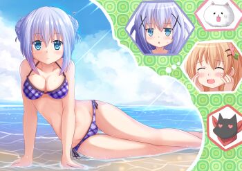 Rule 34 | 2girls, aged up, alternate hairstyle, angora rabbit, animal, arm support, beach, bikini, blue eyes, blue hair, blush, breasts, cleavage, cloud, crossover, day, daydream, double bun, gochuumon wa usagi desu ka?, hair bun, hair ornament, hairclip, hands on own cheeks, hands on own face, heart, heart-shaped eyes, highres, hoto cocoa, kafuu chino, kazenokaze, leaning, long hair, looking at viewer, medium breasts, multiple girls, nichijou, ocean, parted lips, partially submerged, pink bikini, plaid bikini, plaid clothes, purple hair, rabbit, sakamoto (nichijou), side-tie bikini bottom, sitting, sky, swimsuit, tippy (gochiusa), tippy (gochuumon wa usagi desuka?), water, x hair ornament, yokozuwari