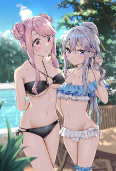 2girls absurdres alternate_hairstyle arm_behind_back bikini black_bikini blue_bikini blue_scrunchie blue_sky blurry blurry_background blurry_foreground blush bow bow_bikini breasts chestnut_mouth cleavage closed_mouth collarbone commentary_request cowboy_shot crossed_bangs dappled_sunlight day depth_of_field double-parted_bangs double_bun embarrassed eyebrows_hidden_by_hair frilled_bikini frills grey_hair hair_between_eyes hair_bun hair_ornament hairclip highres kamagaya_momoka kamikakushi_no_eden large_breasts linea_alba long_bangs long_hair long_sidelocks looking_at_another looking_at_viewer multi-strapped_bikini_bottom multicolored_bikini multiple_girls navel off-shoulder_bikini off_shoulder outdoors parted_bangs parted_lips pink_eyes pink_hair ponytail poolside purple_eyes raised_inner_eyebrows ruffle_bikini sahara386 scrunchie shade shiroi_shizuku side-tie_bikini_bottom sidelocks sky standing stomach sunlight swept_bangs swimsuit thigh_scrunchie tree triangle_hair_ornament wavy_hair wavy_mouth wet white_bikini