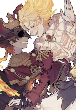 2boys ascot black_gloves black_hair blonde_hair colored_eyelashes colored_skin colored_tips covered_eyes eye_mask facing_another fool&#039;s_gold_(identity_v) fool&#039;s_gold_(infernal_sin)_(identity_v) frilled_ascot frilled_shirt frilled_sleeves frills gem gloves grey_skin half-closed_eyes highres holding_hands hullabaloo_(brightest_star)_(identity_v) hullabaloo_(identity_v) identity_v jacket jewelry lace-trimmed_sleeves lace_trim looking_at_another low_ponytail male_focus mask multicolored_hair multiple_boys neck_ruff orange_hair ponytail profile red_gemstone red_jacket ring shirt single_hair_intake smile torn_clothes upper_body wavy_hair white_ascot yuyeqiucheng