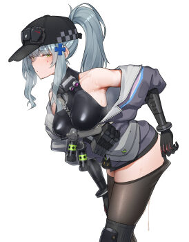 1girl absurdres aftersex bare_shoulders baseball_cap black_bodysuit black_thighhighs blue_hair blush bodysuit breasts closed_mouth commentary_request cross_hair_ornament cum cumdrip flashbang from_side girls&#039;_frontline girls&#039;_frontline_2:_exilium green_eyes hair_ornament half-closed_eyes hat highres hk416_(girls&#039;_frontline) jacket klukai_(girls&#039;_frontline_2) leaning_forward long_hair looking_at_viewer magazine_(weapon) multicolored_jacket off_shoulder partially_unzipped ponytail purple_jacket ringobatake sidelocks simple_background sleeveless sleeveless_bodysuit solo sweat tattoo teardrop teardrop_facial_mark teardrop_tattoo thighhighs thighhighs_pull turtleneck turtleneck_bodysuit two-tone_jacket white_background white_jacket