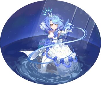 Rule 34 | 1girl, absurdres, alternate costume, blue flower, blue hair, blue rose, breasts, bug, butterfly, commentary request, crown, dress, elbow gloves, flower, gloves, hair flower, hair ornament, highres, insect, joshua dave, juneau (warship girls r), long hair, looking at viewer, night, ocean, rose, sitting, smile, solo, thighhighs, warship girls r, water, wedding dress, white dress, white gloves, white thighhighs, yellow eyes