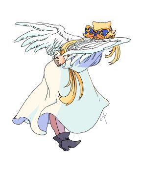 1girl absurdres angel_wings blonde_hair boots bow commentary dress facing_away feathered_wings from_behind full_body hair_bow highres interlocked_fingers leaning_forward long_hair omitasi original own_hands_together pointy_ears simple_background solo white_background white_dress white_wings wings