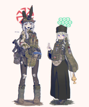 2girls absurdres animal_ears assault_rifle b1-517 black_sun_(symbol) black_thighhighs bullpup camouflage chaplain cross foregrip full_body glasses gun headset helmet highres holding holding_unworn_helmet incense_burner katzion kolovrat_(symbol) load_bearing_vest military_combat_uniform military_uniform multiple_girls open_mouth original orthodox_cross ponytail purity_seal rabbit_ears red_eyes rifle scar scar_across_eye scar_on_face sidelocks suppressor symbol_request thighhighs torn_clothes torn_thighhighs unworn_headwear unworn_helmet v weapon weapon_request white_background zayka_(b1-517)