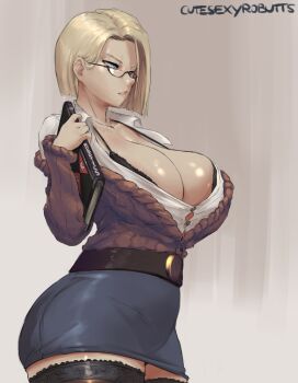 1girl android_18 artist_name belt bespectacled black_bra black_panties blonde_hair blue_eyes book bra bra_peek breasts cleavage curvy cutesexyrobutts dragon_ball dragonball_z female_focus glasses highres huge_breasts long_hair microskirt miniskirt office_lady open_clothes open_shirt panties panty_peek pencil_skirt red_ribbon_army robotics semi-rimless_eyewear shirt short_hair skirt solo textbook thighhighs under-rim_eyewear underwear zettai_ryouiki