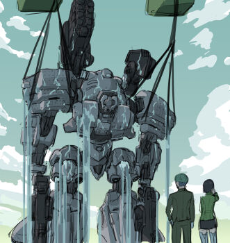 1boy 1girl absurdres armored_core armored_core_vi:_fires_of_rubicon black_hair black_skirt challia_bull commentary_request comoli_harcourt green_hair gundam gundam_gquuuuuux hanging highres is_this_the_rose_of_sharon?_(meme) long_sleeves maxilax mecha mecha_request meme parody robot scene_reference science_fiction short_hair skirt