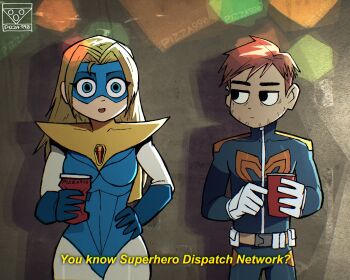 1boy 1girl armor artist_name belt belt_pouch blonde_blazer blonde_hair blue_gloves blue_mask bodysuit cape capelet cup dispatch domino_mask english_text eye_mask gem gloves highres holding holding_cup leotard long_hair mask party pauldrons pizza990 pouch red_gemstone robert_robertson scott_pilgrim_(series) short_hair shoulder_armor signature white_gloves yellow_cape