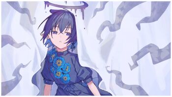 1girl black_dress blue_flower border curtains dress dress_flower earrings expressionless flower hair_between_eyes halo hashtag-only_commentary highres hololive hololive_english jewelry liquid_halo looking_at_viewer meconopsis_(ninomae_ina'nis) melting_halo ninomae_ina'nis official_alternate_costume official_alternate_hairstyle parted_lips peeking_out pointy_ears puffy_short_sleeves puffy_sleeves purple_eyes purple_hair ribbon short_hair short_sleeves single_earring solo tentacleluver tentacles upper_body virtual_youtuber white_border