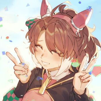 1girl ahoge animal_ears black_shrug blue_sky blush bow breasts brown_hair checkered_ribbon closed_eyes cloud confetti dantsu_flame_(center_spotlight)_(umamusume) dantsu_flame_(umamusume) double_v ear_covers ear_ribbon facing_viewer grin hair_between_eyes hair_ornament happy_tears highres horse_ears horse_girl multicolored_hair open_mouth pink_shirt shirt shrug_(clothing) sirius_ica sky smile solo tears umamusume upper_body v white_hair white_shirt