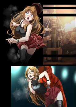 1boy 1girl bare_arms bent_over black_gloves black_shirt black_thighhighs blue_eyes bracelet breasts brown_hair collarbone floating_hair gloves highres jacket jewelry large_breasts long_hair miniskirt nail_polish nintendo one_eye_closed open_mouth pants pleated_skirt pokemon pokemon_xy red_jacket red_nails red_pants red_skirt running serena_(pokemon) shirt skirt sleeveless sleeveless_shirt split_screen straight_hair team_flare_grunt thighhighs tsukishiro_saika very_long_hair zettai_ryouiki