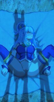 1girl aqua_(konosuba) blue_hair blue_thighhighs bow bowtie breasts closed_eyes detached_sleeves feet_out_of_frame from_above gold_trim hair_ornament hair_rings highres horse imminent_rape indoors kono_subarashii_sekai_ni_shukufuku_wo! large_variant_set long_hair long_sleeves lying medium_breasts myrneko navel on_back pussy saliva shadow signature sketch sleeping spread_legs thighhighs thighs uncensored variant_set very_long_hair yellow_bow yellow_bowtie