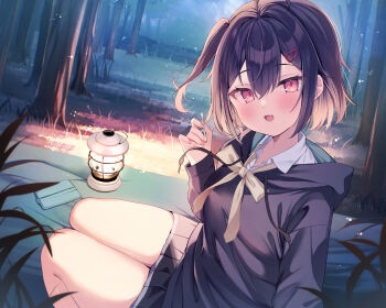 1girl absurdres black_hair black_hoodie black_skirt blush breasts brown_hair collared_shirt ebihara_beniko fang forest grass hair_between_eyes hair_ornament hairclip highres hood hoodie lantern long_sleeves looking_at_viewer medium_breasts mimikaki nature night open_mouth original picnic_blanket school_uniform shirt sidelocks sitting skin_fang skirt smile solo sweater thighs tree white_shirt